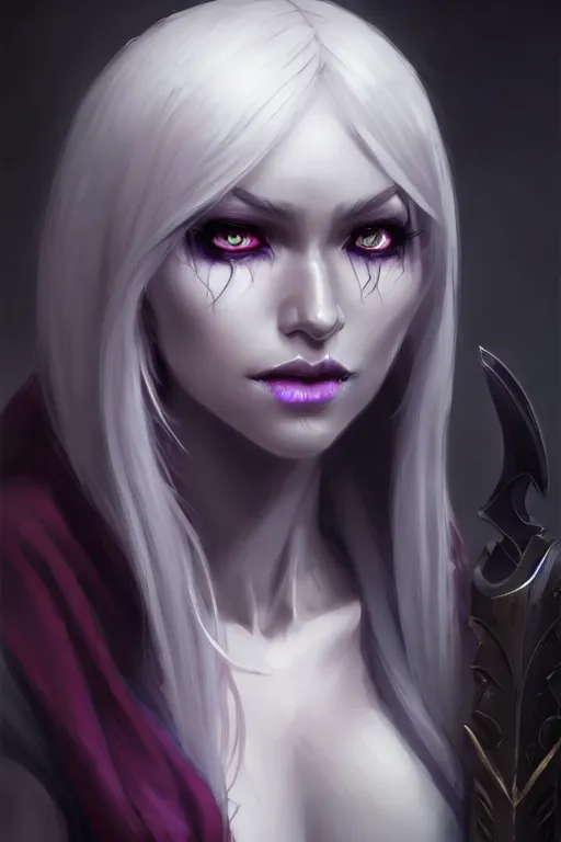 Prompt: realistic character concept portrait art of a female drow necromancer, scythe, pretty face, long dark hair, by stanley artgerm lau, wlop, rossdraws, james jean, andrei riabovitchev, marc simonetti, and sakimichan, tranding on artstation
