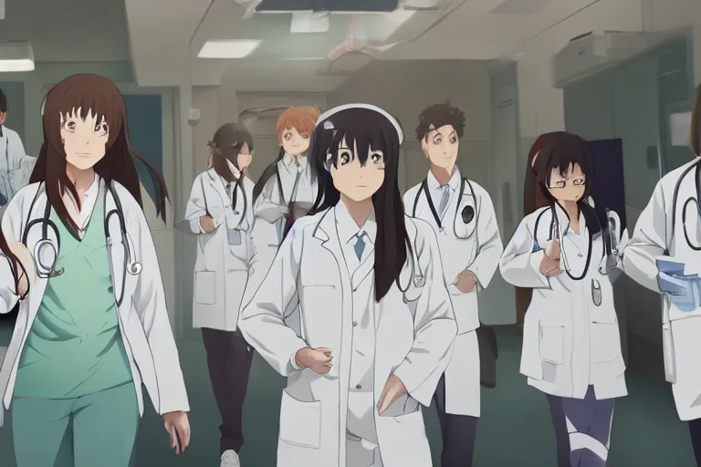 Prompt: a cute young female doctor wearing white coat are leading a group of doctors around a bed in hospital, slice of life anime, cinematic, lighting, 8kHDR, anime scenery by Makoto shinkai
