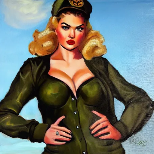 Image similar to Fully-clothed full-body portrait of Kate Upton as a pinup painting on world war II bomber