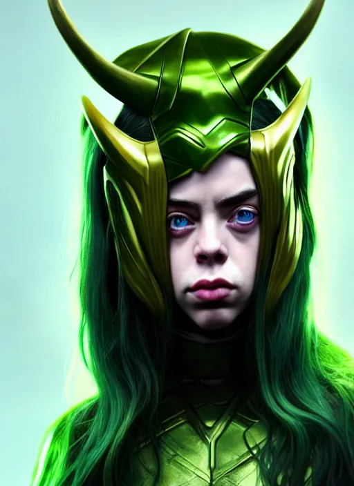 Prompt: Billie Eilish as Female Loki, beautiful facial symmetry, olive skin, hyper realistic, hyper detail, very detailed, digital art, trending on artstation, smooth render, 8k octane render, digital illustration, by Katsuhiro Otomo and Shigeru Miyamoto and Ian Sprigger