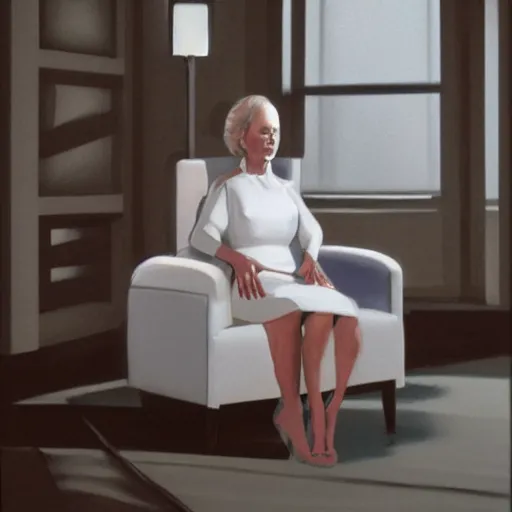 Prompt: a woman in a white dress sitting in a chair, concept art by john carpenter, volumetric lighting, photorealistic painting by jerry weiss, criterion collection