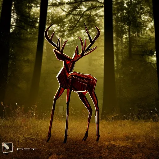 Image similar to a robot deer standing in the woods, digital art, cinematic lighting, epic composition, highly detailed