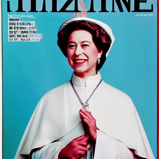 Prompt: magazine cover photo of Elizabeth II as the new pope, portrait photo by Slim Aarons in 1965 TIMES magazine cover photo, color