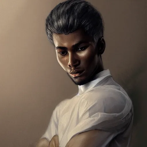 Prompt: ultra realistic illustration, young man with dark gray skin, short white hair, intricate, with dark clothes, elegant, highly detailed, digital painting, artstation, concept art, smooth, sharp focus, illustration, art by artgerm and greg rutkowski and alphonse mucha