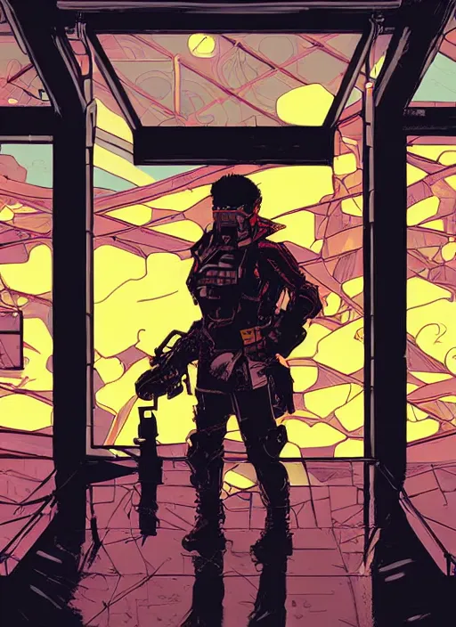 Image similar to hector tanaka. cyberpunk mercenary with scenic background. portrait illustration, pop art, art by ashley wood, alphonse mucha, laurie greasley and josan gonzalez. cinematic. dynamic lighting. realistic proportions. creative design. cell shading