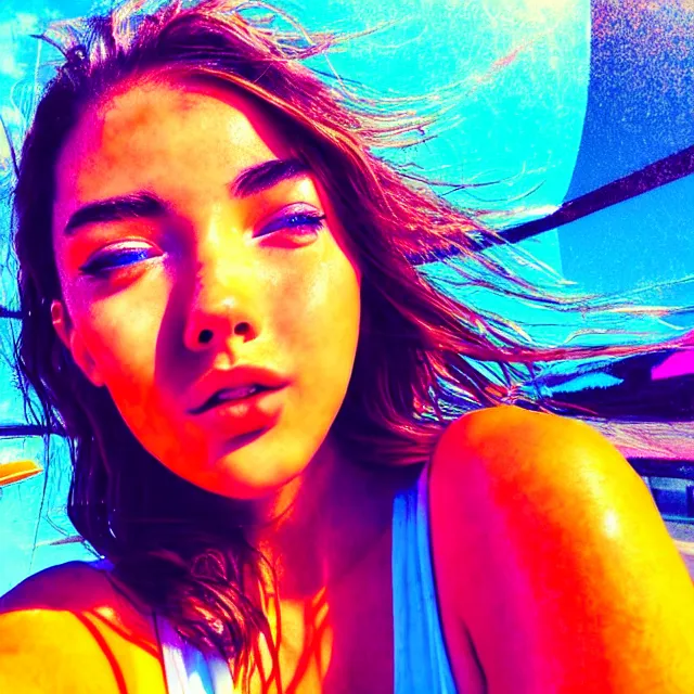 Image similar to a photo hot summer selfie one pretty girl instagram vibecheck face portrait bright colorful space love happy realistic cinematic lighting ultra detailed hyper realism photorealistic octane