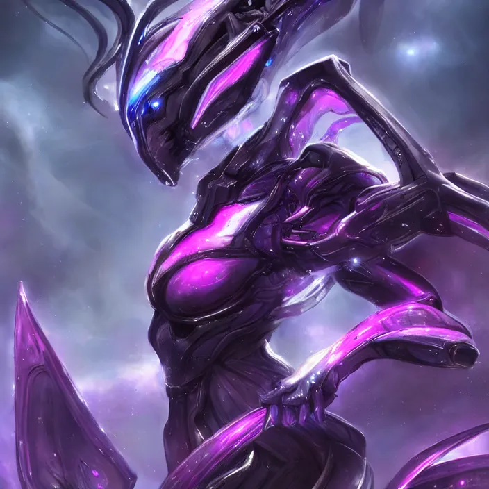 Image similar to cinematic close shot, cosmic sized proportional stunning beautiful hot female warframe, detailed sleek robot mecha female dragon head, metal ears glowing purple eyes, sleek silver armor, fuschia skin, floating in empty space, nebula sized, epic proportions, epic size, epic scale, furry art, dragon art, giantess art, warframe fanart, furaffinity, deviantart