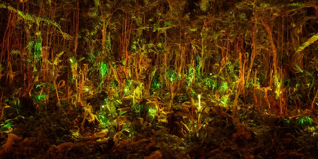 Image similar to scene still of avatar variety soft bioluminescent forest at night. 4 k cinematic cg weta weta weta lut balanced perfect lighting colorgraded