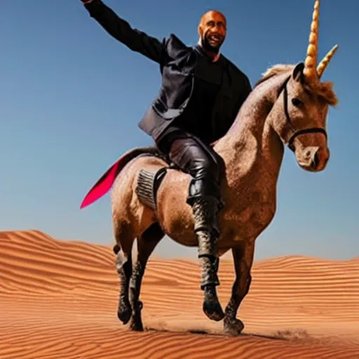 Prompt: thierry henry riding a unicorn in the desert