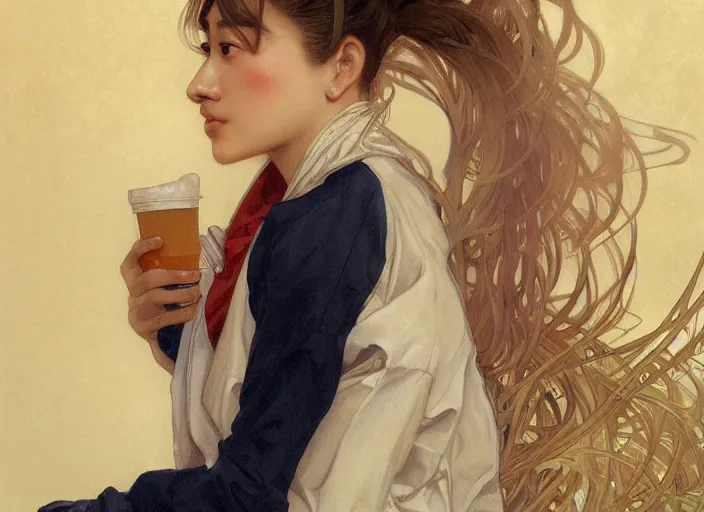 Image similar to Asian Italian young woman wearing cream jacket and navy active adidas pants, drinking vanilla shake and eating fries with ketchup, sigma female, accurately portrayed, portrait art by alphonse mucha and greg rutkowski, highly detailed, digital painting, concept art, illustration, trending on artstation, very detailed, smooth, sharp focus, octane render, close up