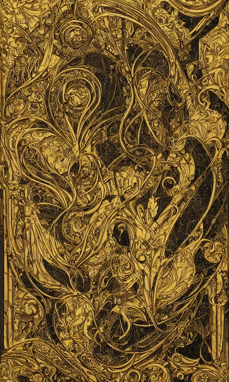 Prompt: an intricate art nouveau canvas frame, with golden entertwined edges and empty black center, highly detailed, artstation, concept art, matte, sharp focus,