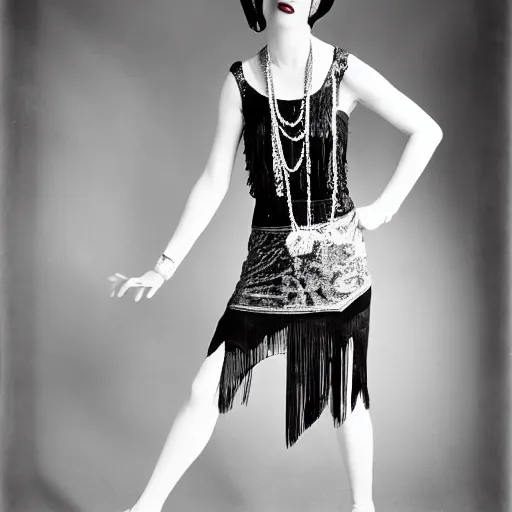 Prompt: 1 9 2 0 s flapper wearing streetwear designed by vivienne westwood, professional studio photography, hp 5 film, large - format photograph