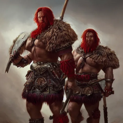 Image similar to bulky muscular scottish warriors with red hair, tribal blood red war paintings, waist plate armor, 4 k oil on linen by wlop, artgerm, andrei riabovitchev, nuri iyem, james gurney, james jean, greg rutkowski, highly detailed, soft lighting 8 k resolution