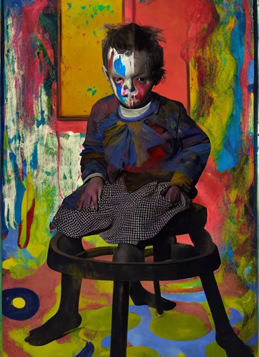 Image similar to portrait of a child harlequin sitting on a stool, by vincent lefevre and hernan bas and pat steir and hilma af klint, psychological, photorealistic, symmetrical face, dripping paint, washy brush, threads, rendered in octane, altermodern, masterpiece