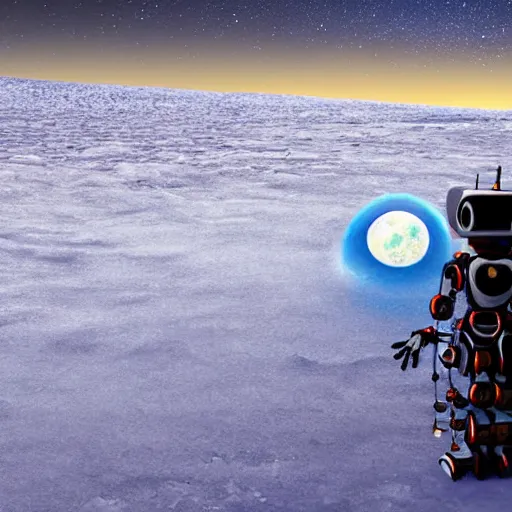 Image similar to humanoid robot in an ice desert at night with a planet with rings in the background, extremely detailed, hopeful, digital art
