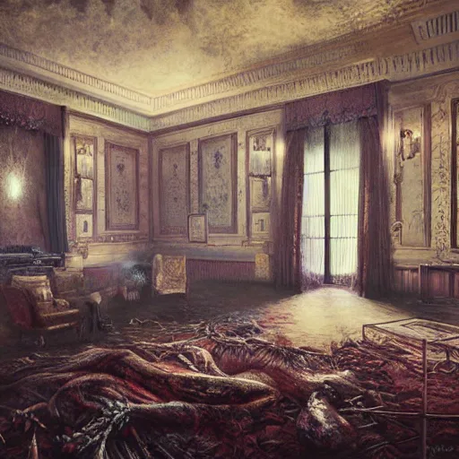 Prompt: presidential suite, jpeg artefacts on canvas, by seb mckinnon and james gurney and greg rutkowski, highly detailed, hdr