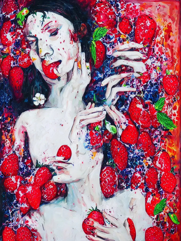 Image similar to “art in an Australian artist’s apartment, portrait of a woman wearing white cotton cloth, eating luscious fresh raspberries and strawberries and blueberries, edible flowers, black background, intricate, bold colour, acrylic and spray paint and oilstick on canvas”