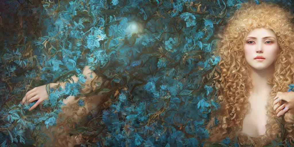 Image similar to breathtaking detailed concept art painting portrait of the hugs goddess of light blue flowers, blond curly hair, orthodox saint, with anxious piercing eyes, ornate background, amalgamation of leaves and flowers, by hsiao - ron cheng, extremely moody lighting, 8 k