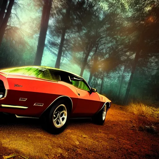 Image similar to pontiac firebird with angelic wings, dramatic, cinematic, forest, volumetric lighting