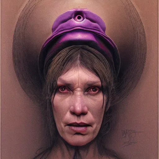 Image similar to portrait of woman with a ceremonial hat embedded into her skull, by wayne barlowe