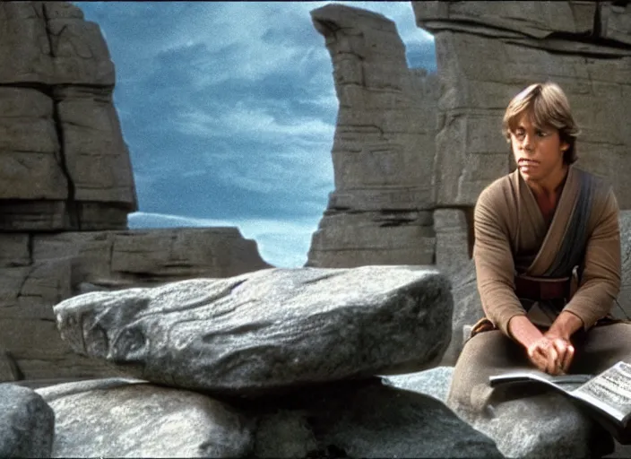 Prompt: screenshot of Luke Skywalker reading the ancient Jedi textbooks, outside on a rocky jedi temple, famous scene from the force awkaens, 1980s film directed by Stanley Kubrick cinematic lighting, moody cinematography, with anamorphic lenses, crisp, detailed portrait, 4k image