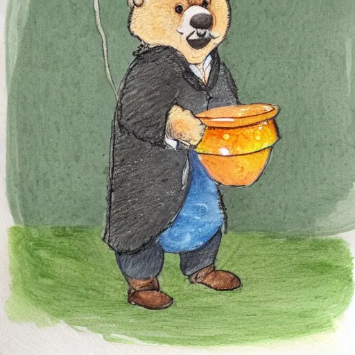 Image similar to a grumpy man dressed in a bear costume, holding a goldfish inside a bowl. watercolour with pencil, in the style of beatrix potter.