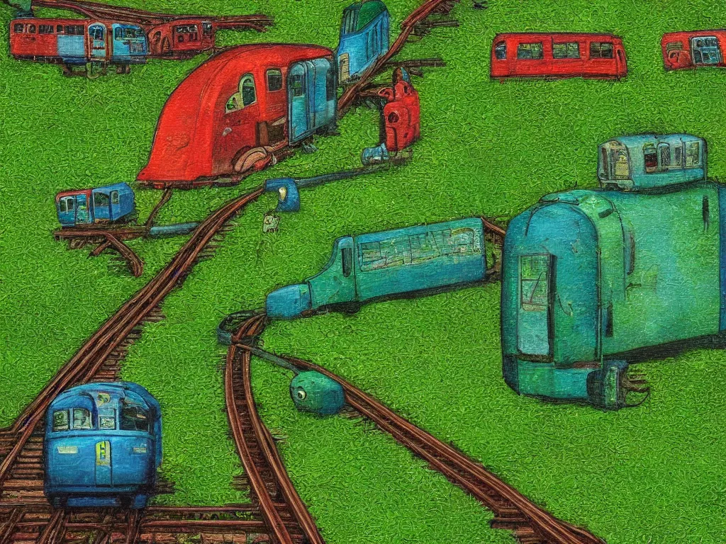 Prompt: juxtaposition dystopian surrealism green grass, a fish, a train abstract