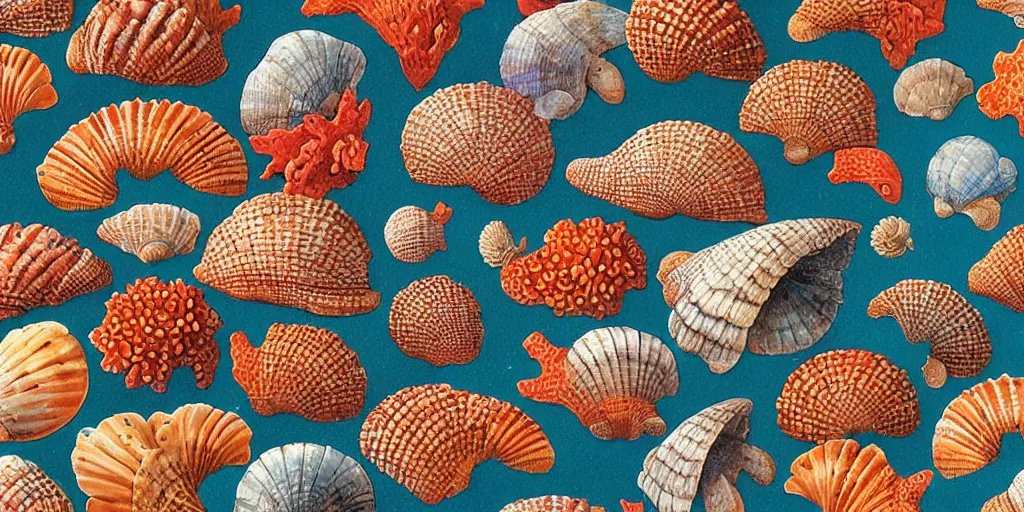 Prompt: pattern of sea shells and corals by Justin Gerard