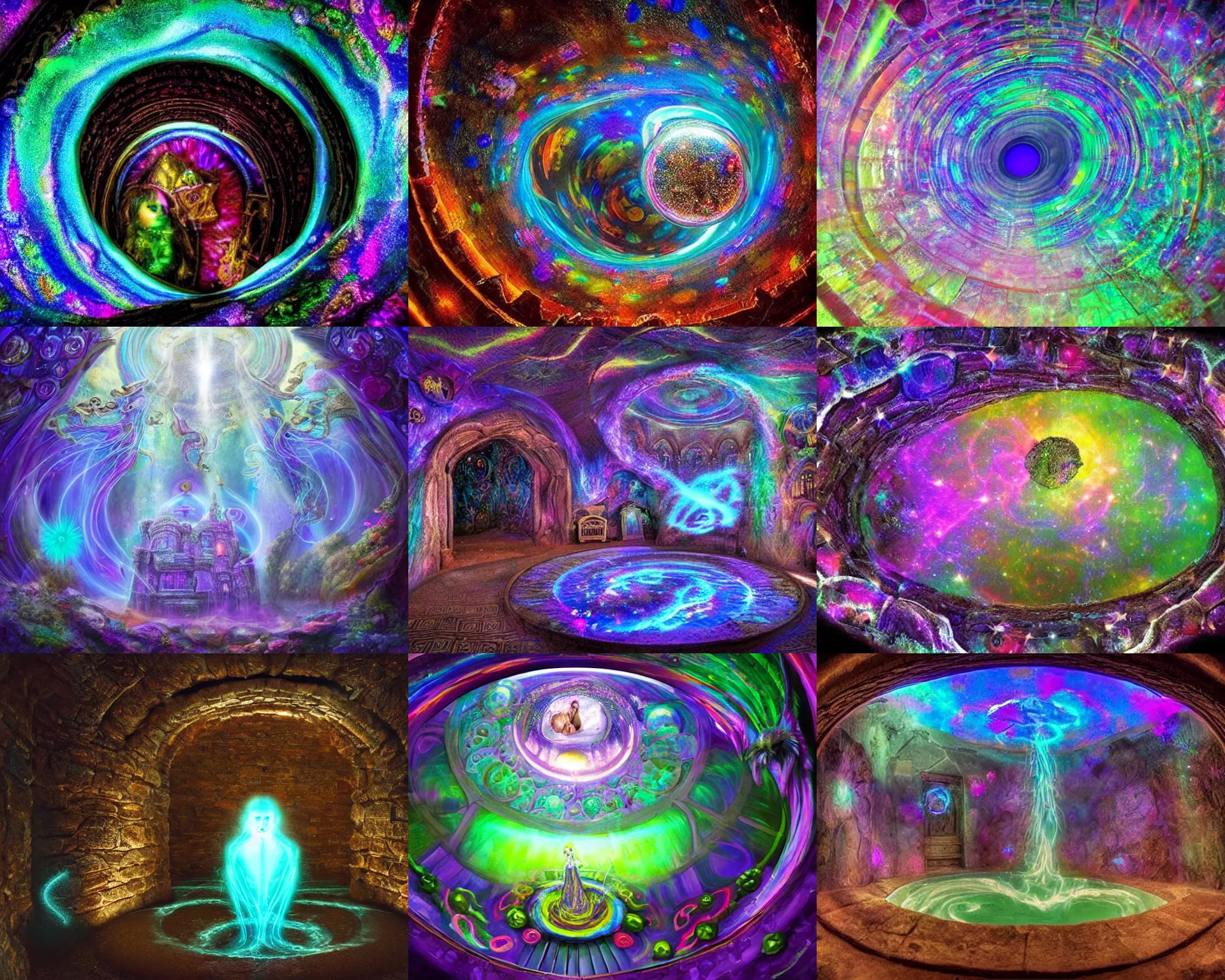 Prompt: In the basement of a magical castle, there is a secret portal that leads to an iridescent universe. This universe is full of strange and wonderful creatures, who live in harmony with one another. It is a place of great beauty, and wonder. The portal itself is a swirling pool of light, that leads to an incredibly beautiful and enigmatic universe.