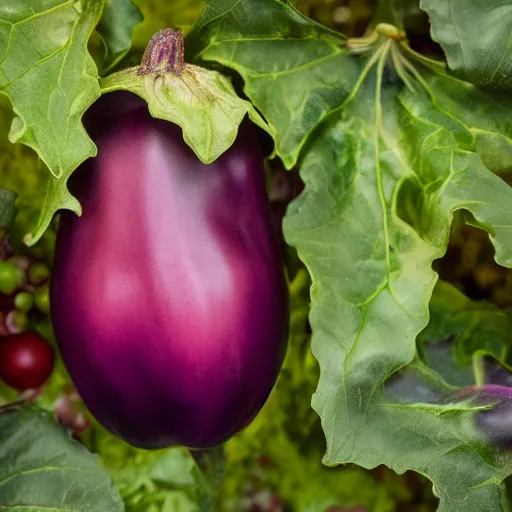 Image similar to a ornate detailed red and purple glowing eggplant, an eggplant fruit still on the vine