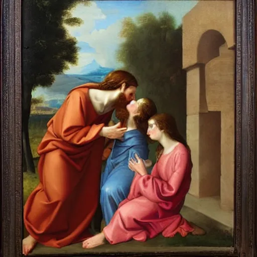 Image similar to 1 8 th oil panting of a jesus kissing with maria maddalena