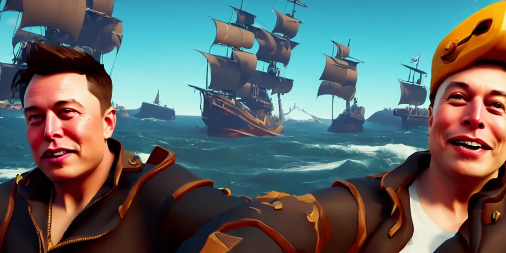 Image similar to selfie of elon musk as a sea of thieves character, sea of thieves screenshot, storm, unreal engine, digital art