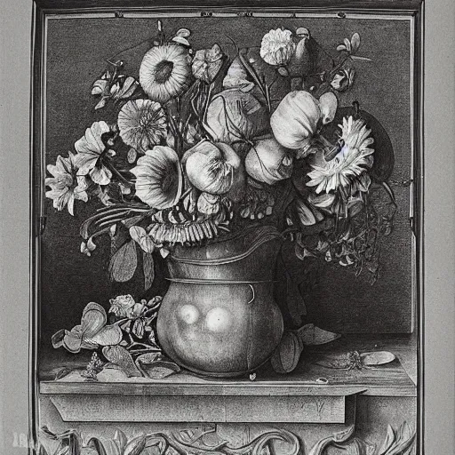 Prompt: of a floral composition litography by Albert Dürer