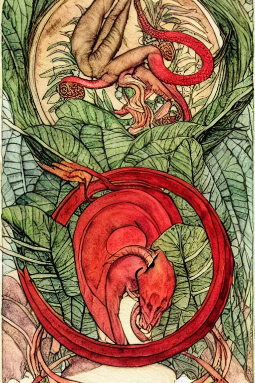 Prompt: red ouroboros in the center of a circular frame of leaves, art by walter crane and arthur rackham, illustration style, watercolor