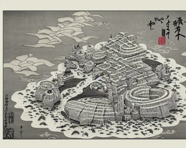 Image similar to 3d isometric botanical illustration of a city made of banana plant in an island surrounded by water, book engraving, black and white, masterpiece in Ukiyo-e style, HD