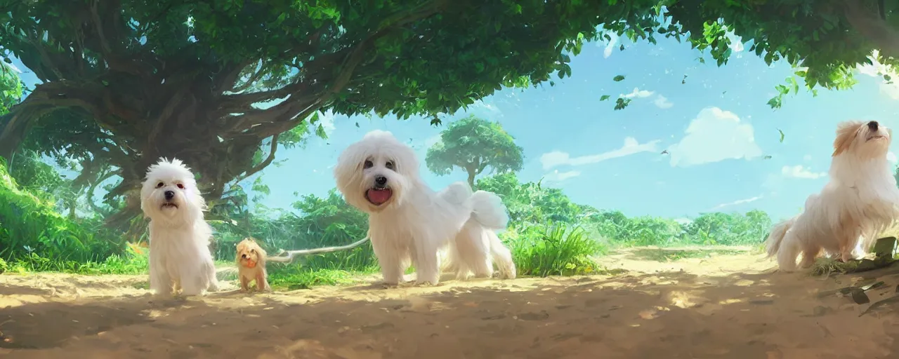 Image similar to a cream - colored havanese dog building a giant tree house next to a tropical beach, atey ghailan, goro fujita, studio ghibli, rim light, exquisite lighting, clear focus, very coherent,