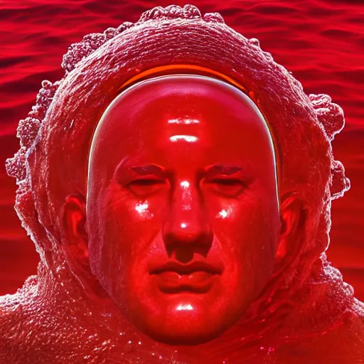 Image similar to a giant human head sculpture looking like banjamin netanyahu in the sea made out of juicy and transparent red jelly, long shot, hyper detailed, hyper realistic, ray tracing, 8 k resolution, sharp focus, realistic water, award winning