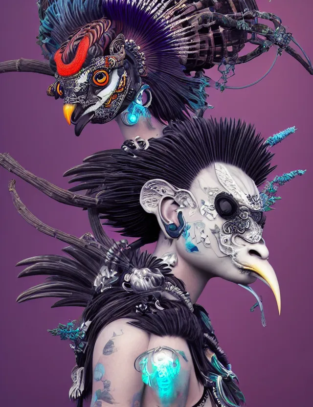 Image similar to 3 d goddess close - up profile portrait punk with mohawk with ram skull. beautiful intricately detailed japanese crow kitsune mask and clasical japanese kimono. betta fish, jellyfish phoenix, bio luminescent, plasma, ice, water, wind, creature, artwork by tooth wu and wlop and beeple and greg rutkowski