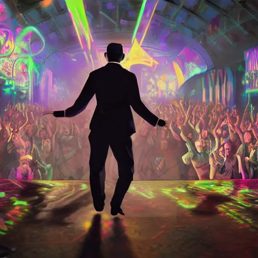 Image similar to a hyper detailed illustration of adolf hitler dancing at a rave, edm fans, neon lights, dance club rave, volumetric lighting, greg rutkowski and alphonse mucha, 8 k, octane render