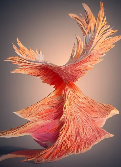 Image similar to white phoenix orange pink salt crystals sharp detail 3d render simple background sharp contrast feathers graphic design fai khadra gaika style