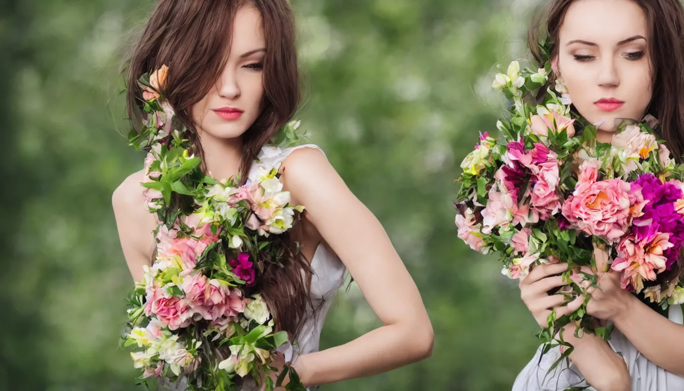 Image similar to beautiful woman with a head made from a bouquet of flowers