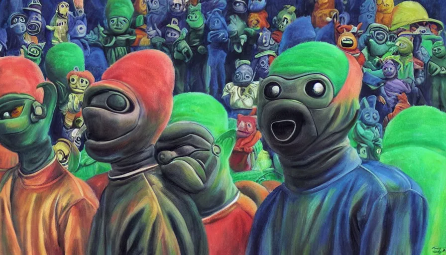 Image similar to beautiful lifelike painting of mf doom performing with the teletubbies, hyperreal detailed facial features and uv lighting, art by ed roth and basil wolverton