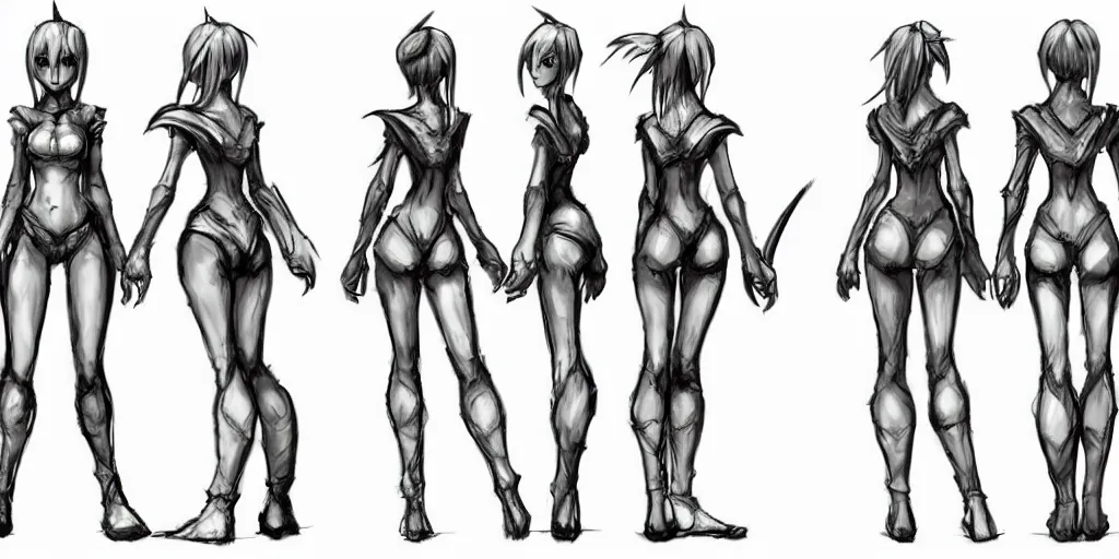 Image similar to female concept art, front, side, and back view, arms outstretched, modeling reference sheet, lineart, orthographic view, ink, black and white, varying thickness, manga pen, in the style of Final Fantasy IX, 3D modeling concept sheet, white background