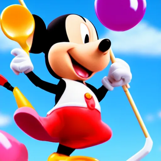 Image similar to mikey mouse with lollipops instead of ears meditating in a 3 d video game screenshot