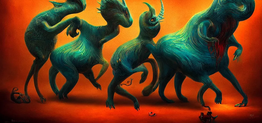 Image similar to strange mythical beasts of whimsy, surreal dark uncanny painting by ronny khalil