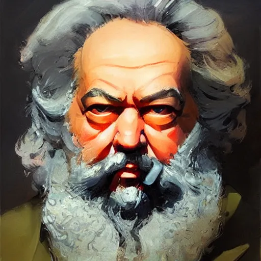 Prompt: greg manchess portrait painting of partially armored karl marx, medium shot, asymmetrical, profile picture, organic painting, sunny day, matte painting, bold shapes, hard edges, street art, trending on artstation, by huang guangjian and gil elvgren and sachin teng