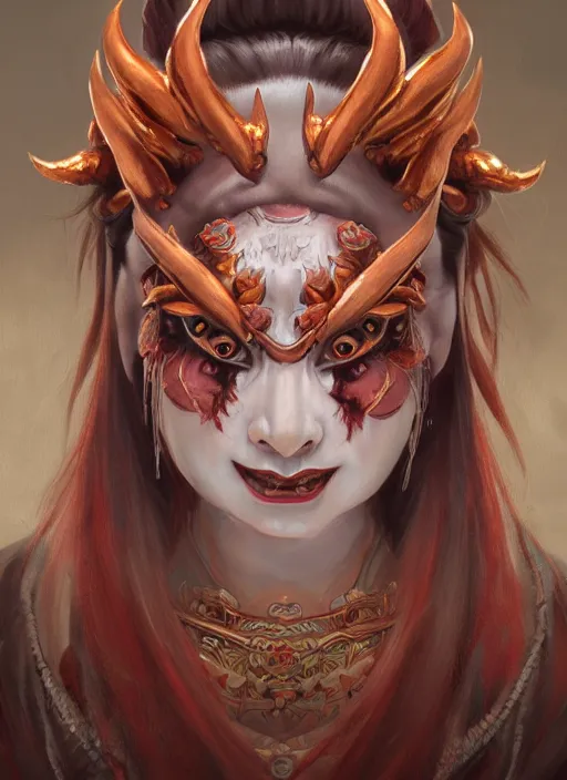 Image similar to a beautiful detailed oil on copper art illustration of a oni hannya mask shogun devil woman, centered, by charlie bowater, zeng fanzh, trending on artstation, dim dusk lighting, cinematic lighting, detailed lighting, volumetric lighting, realistic, f 8, 4 k hd wallpaper