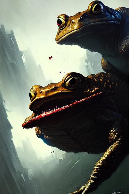 Image similar to greg rutkowski painting poster. giant man - eating toad