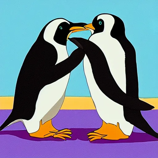 Image similar to two penguins kissing, Studio Ghibli style