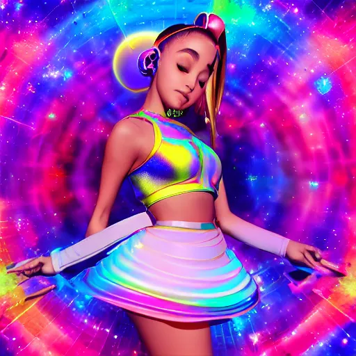 Image similar to 35mm macro shot portrait of an extremely cute and adorable Prismatic Spectrum Cosmic Magical Girl Ariana Grande from the Rainbow Sky Paradise playing Dance Dance Revolution at Eurovision and Tomorrowland, , large wide-set piercing eyes, smirk, ambient occlusion, DAZ, cinematic lighting, 3D render, unreal engine 5, professional graflex photograph by artgerm